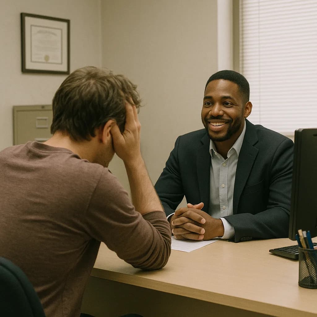 Two men having a professional consultation meeting across a desk in an office setting