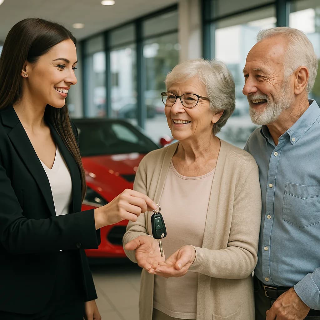 Saleswoman giving car keys to happy senior couple at dealership showroom