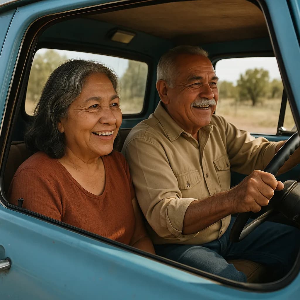 Happy senior couple smiling together in vintage blue truck in rural setting