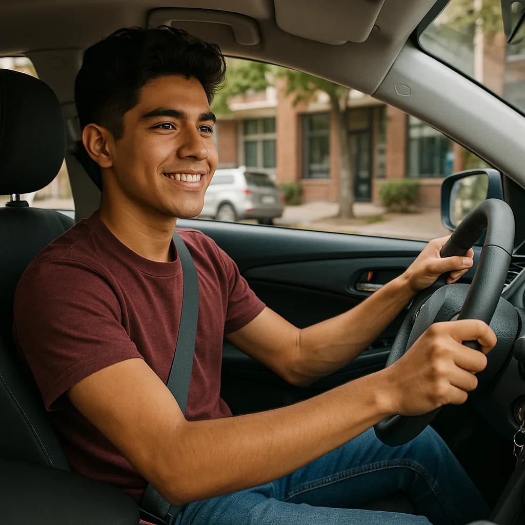 Young man smiling while sitting in driver's seat of car wearing maroon shirt and seatbelt