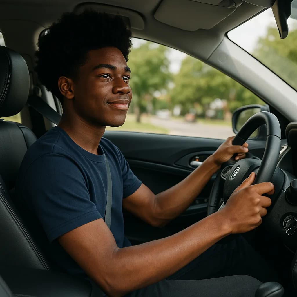 Young man smiling while driving a car on a suburban street