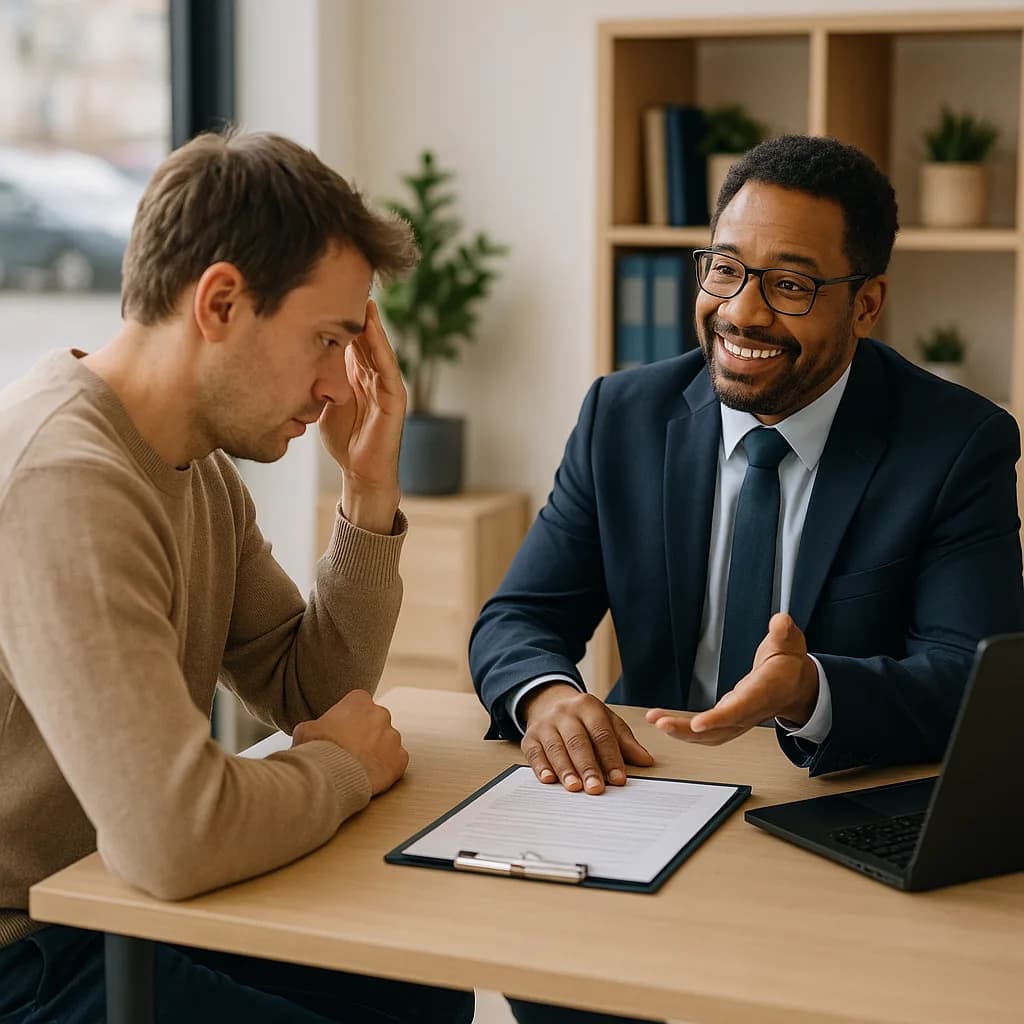 Professional counselor in suit speaking with stressed client during consultation meeting at office desk