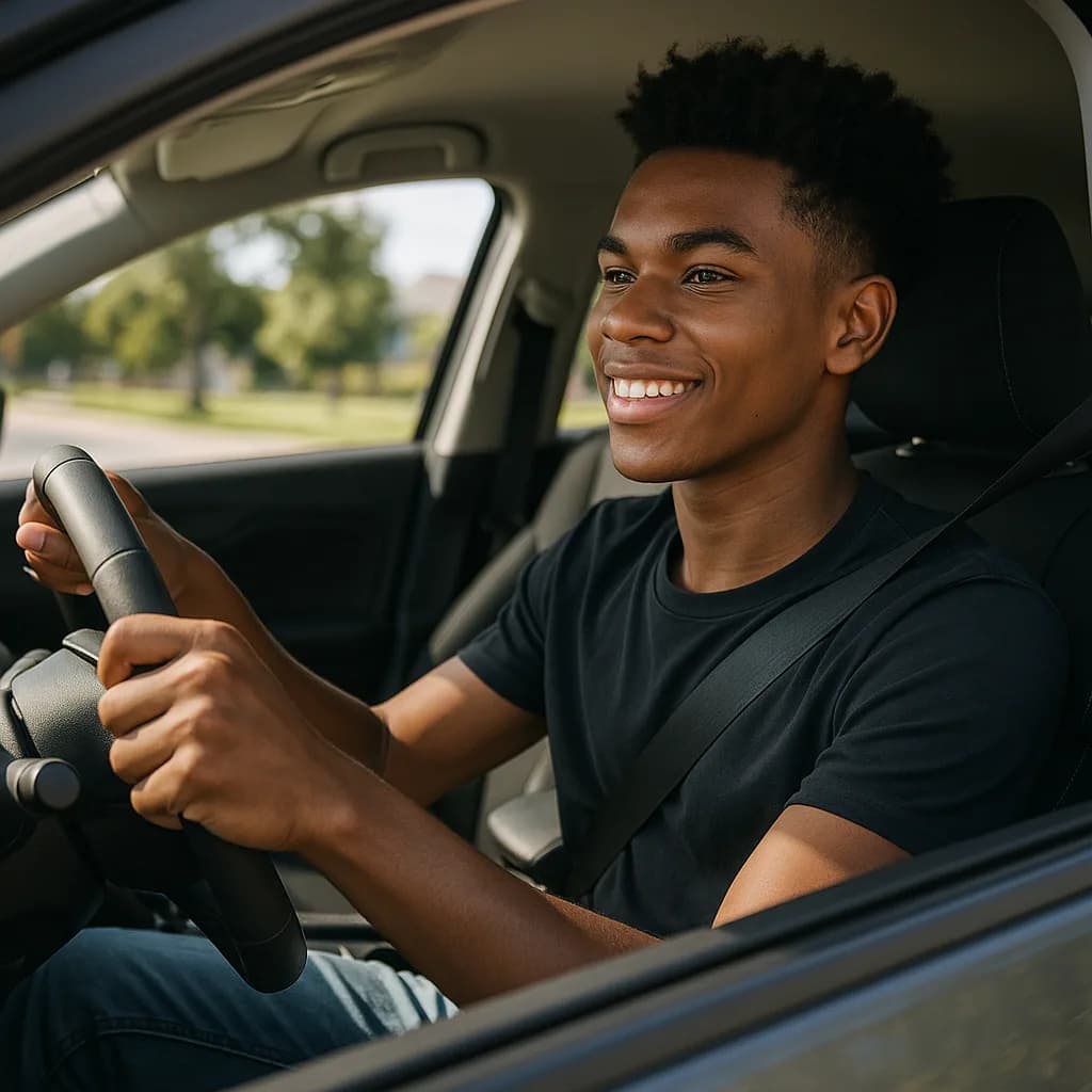 Happy young man smiling while driving a car, wearing black t-shirt and seatbelt with trees in background