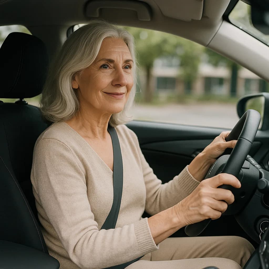 Senior woman with gray hair smiling while sitting in driver's seat wearing beige sweater and seatbelt