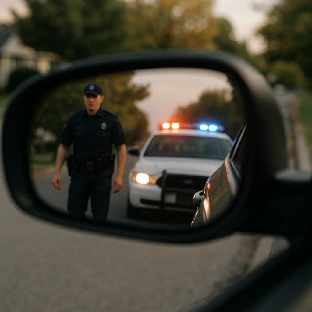 Police officer approaching vehicle during traffic stop, viewed in car side mirror with patrol car lights flashing