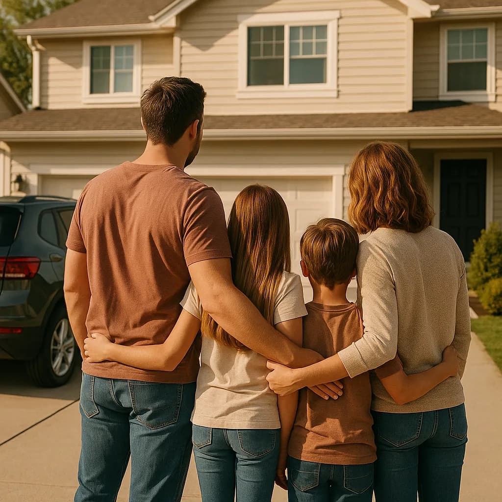 Family of four embracing while looking at their suburban home from the driveway