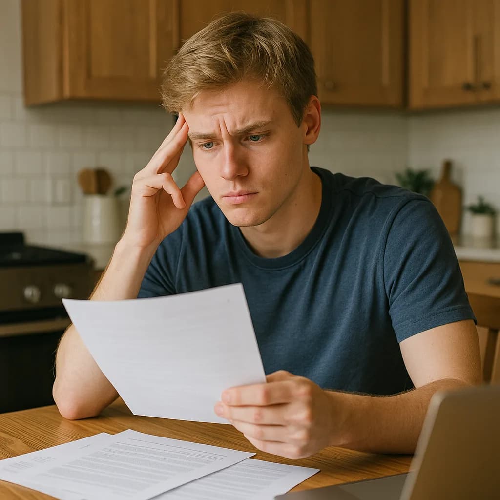 Stressed young man reading financial documents at kitchen table with hand on forehead