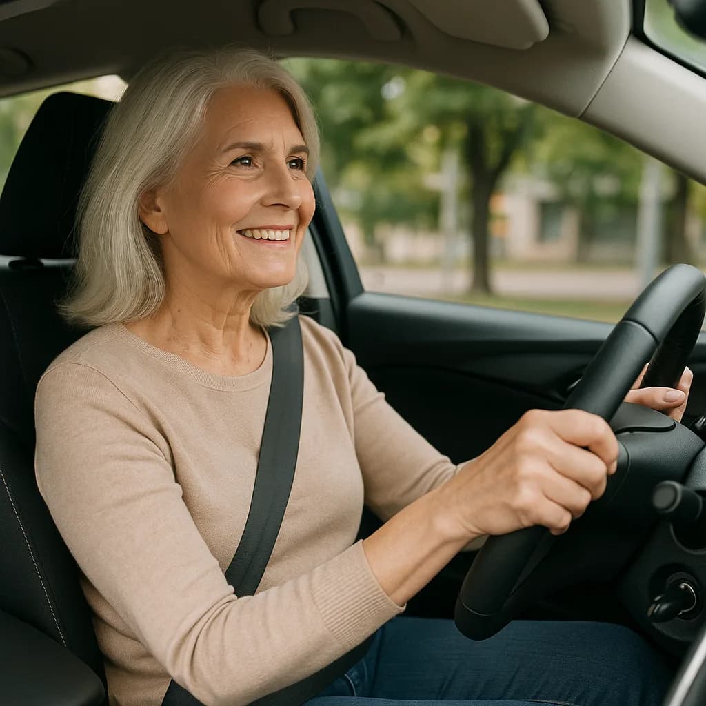 Senior woman smiling while driving car wearing seatbelt with trees visible through window