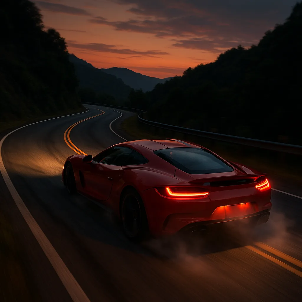 Red sports car with glowing taillights driving on winding mountain road at sunset