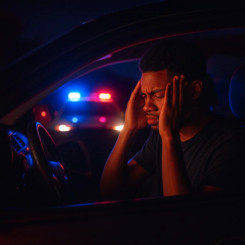 Stressed driver in car at night with police lights visible in background