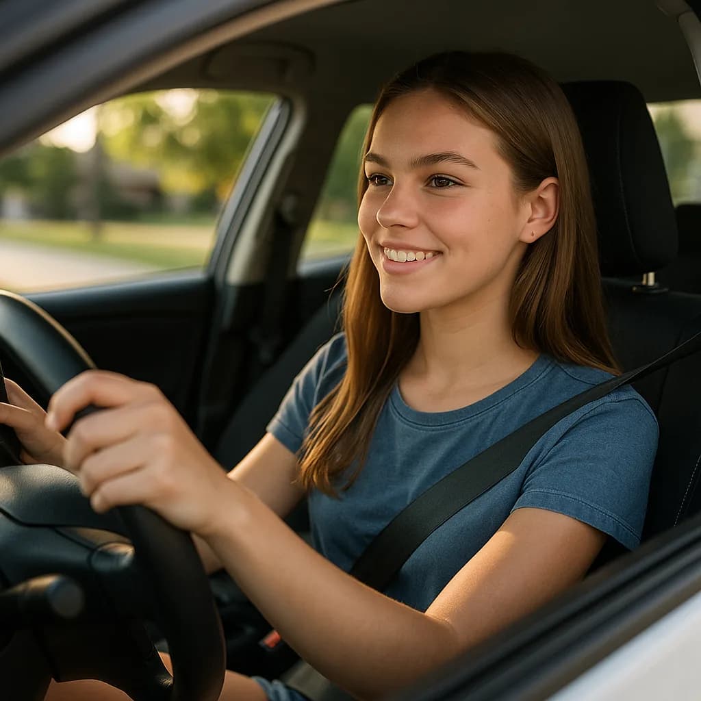 Smiling teenage girl wearing seatbelt in driver's seat of car with hands on steering wheel