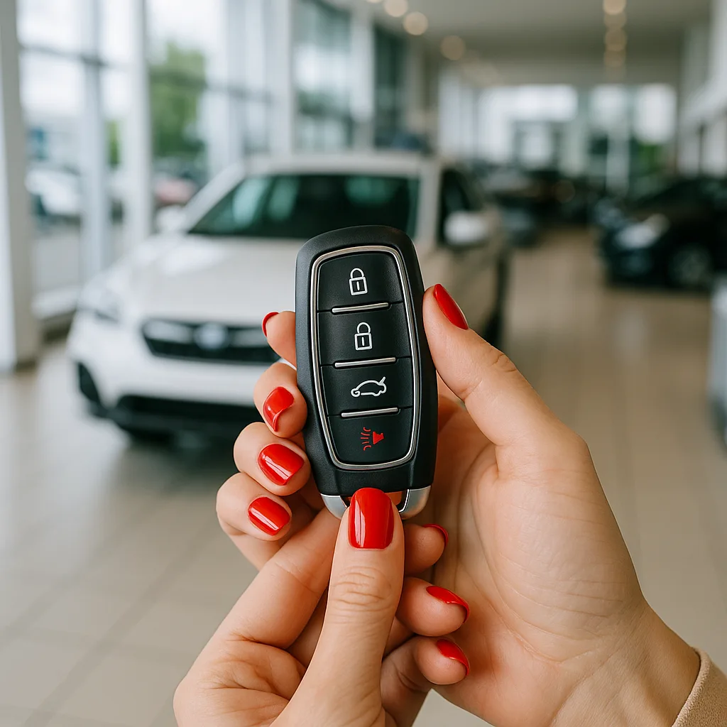 Woman with red nails holding black car key fob in dealership showroom with cars in background