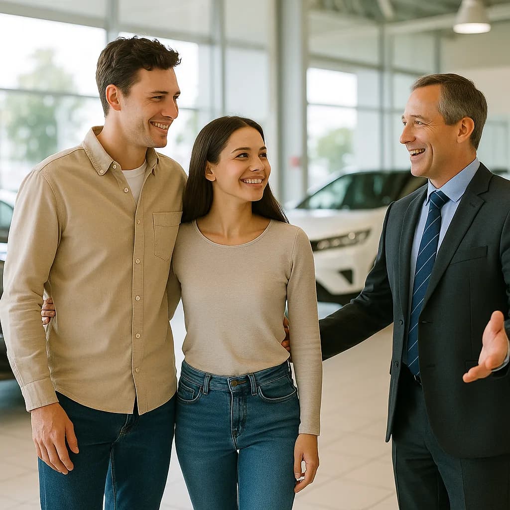 Young couple meeting with car salesperson in modern dealership showroom
