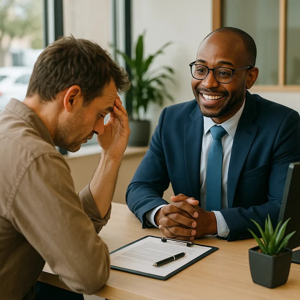 Professional counselor or advisor smiling warmly at stressed client during consultation meeting at office desk