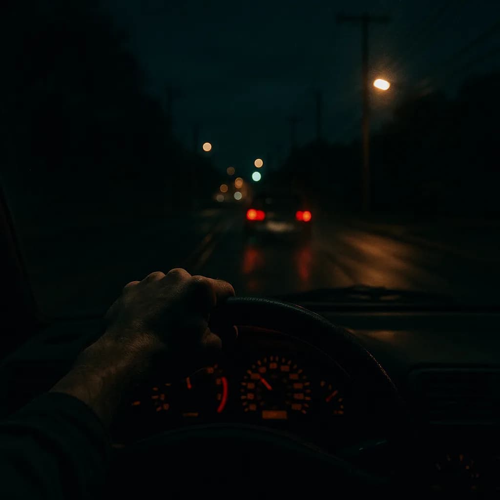 Driver's hands on steering wheel at night with car taillights and street lamp visible ahead through windshield