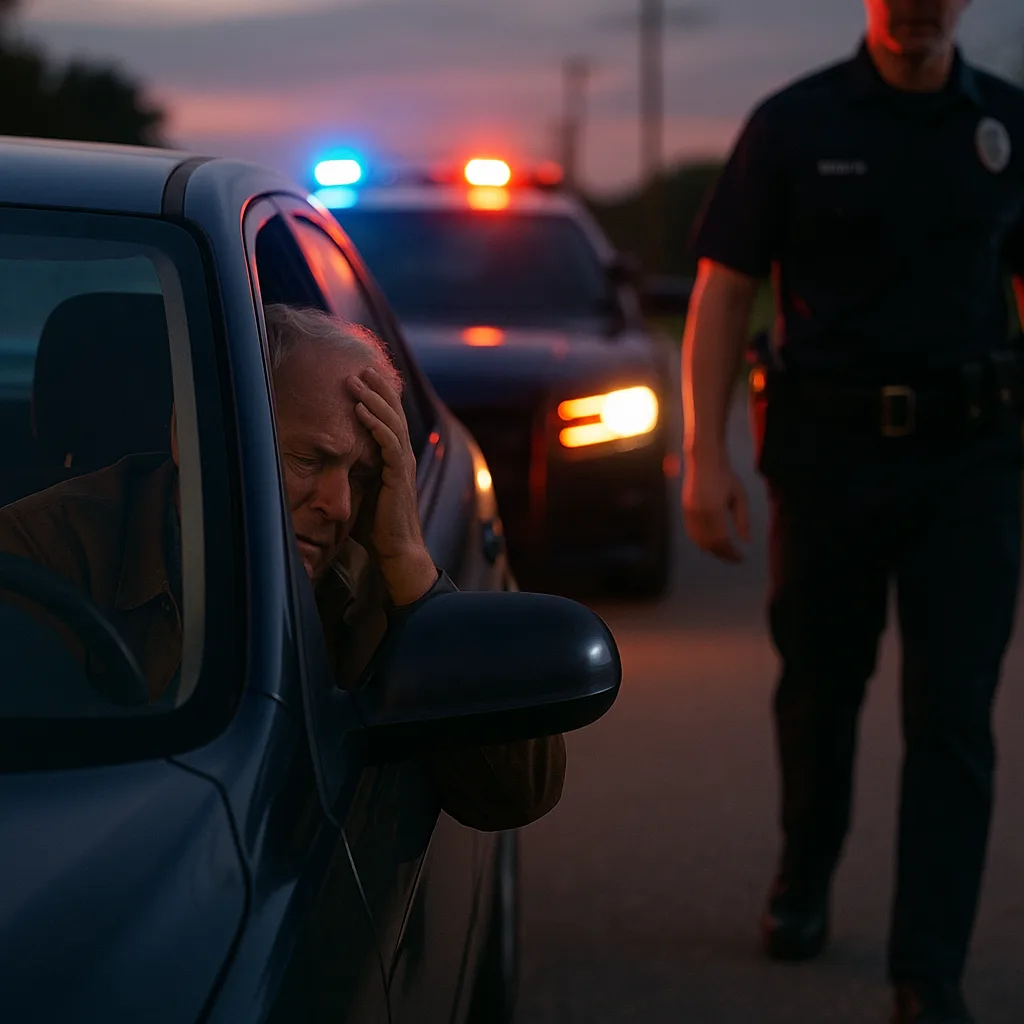Worried driver in car during police traffic stop at dusk with emergency lights in background