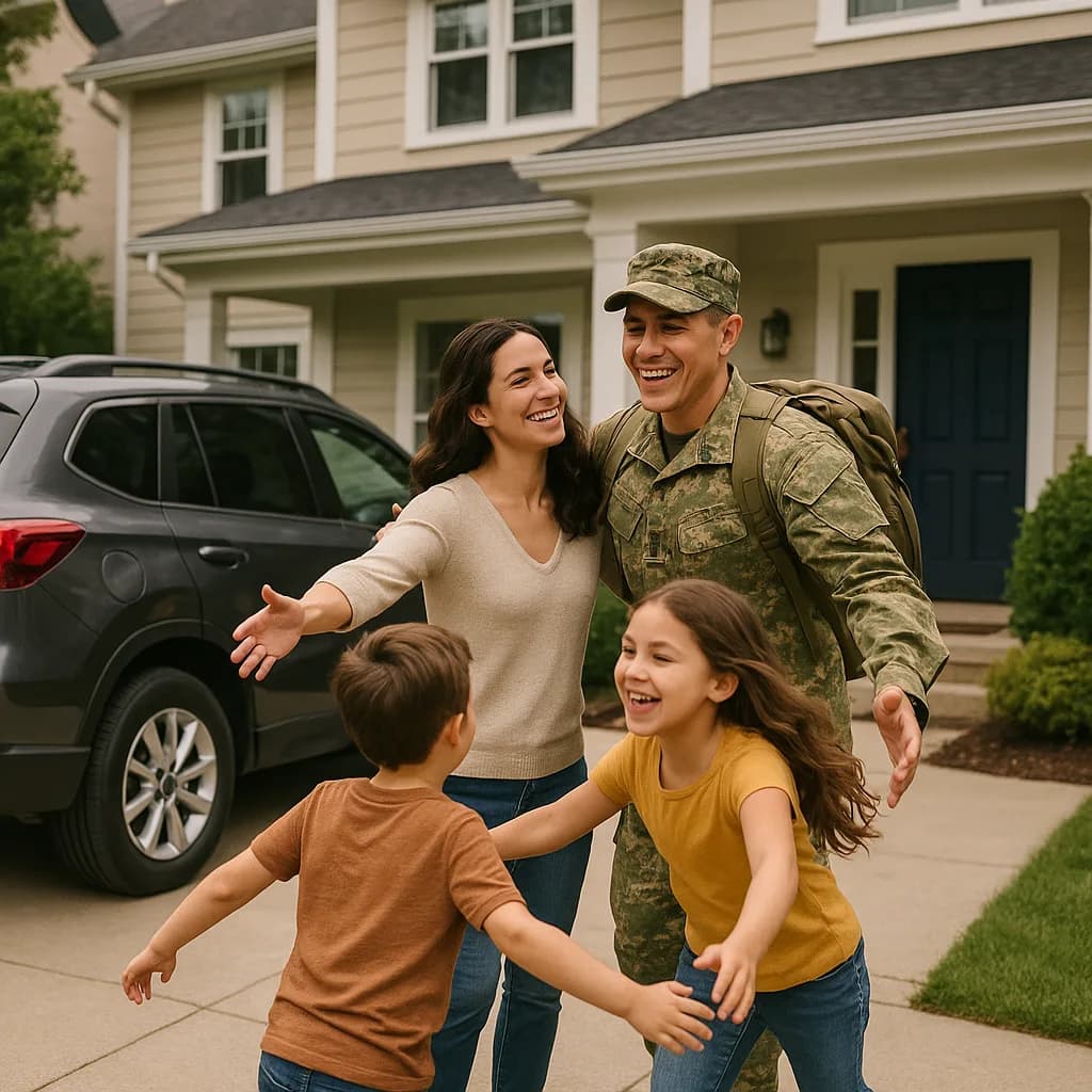 Military service member in uniform reuniting with spouse and two children in front of suburban home
