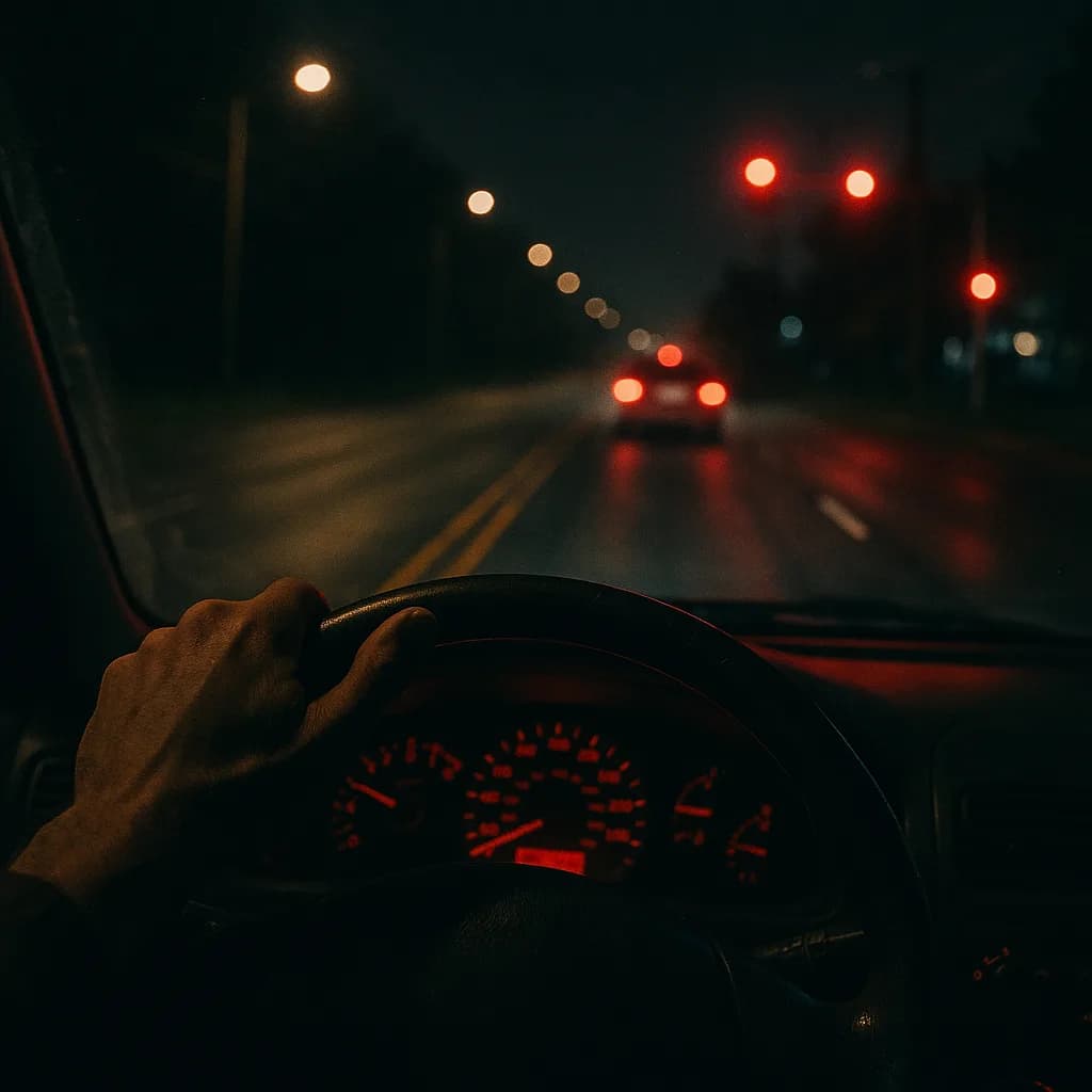 Driver's view from inside car at night with red dashboard lights and blurred street lights ahead