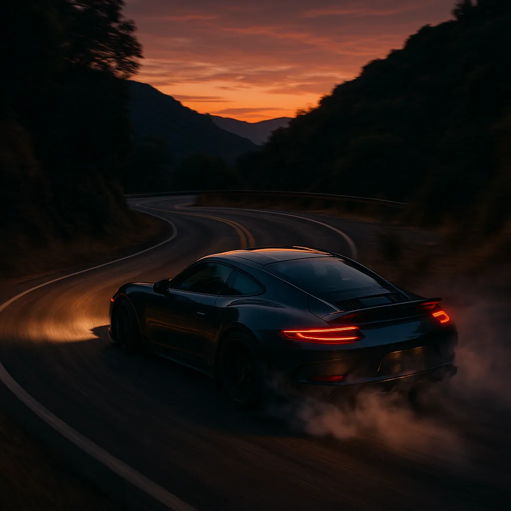 Sports car driving on mountain road at sunset with glowing taillights and dramatic orange sky