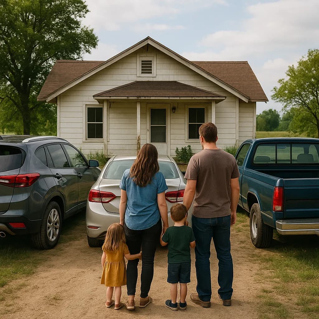Family of four viewing a white house from driveway with cars parked on either side