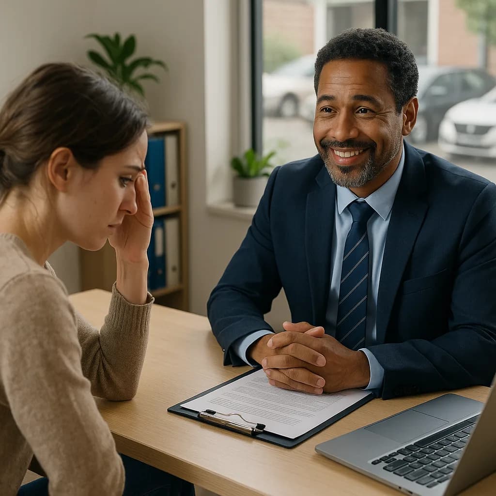 Professional man in suit consulting with concerned woman across desk in modern office setting