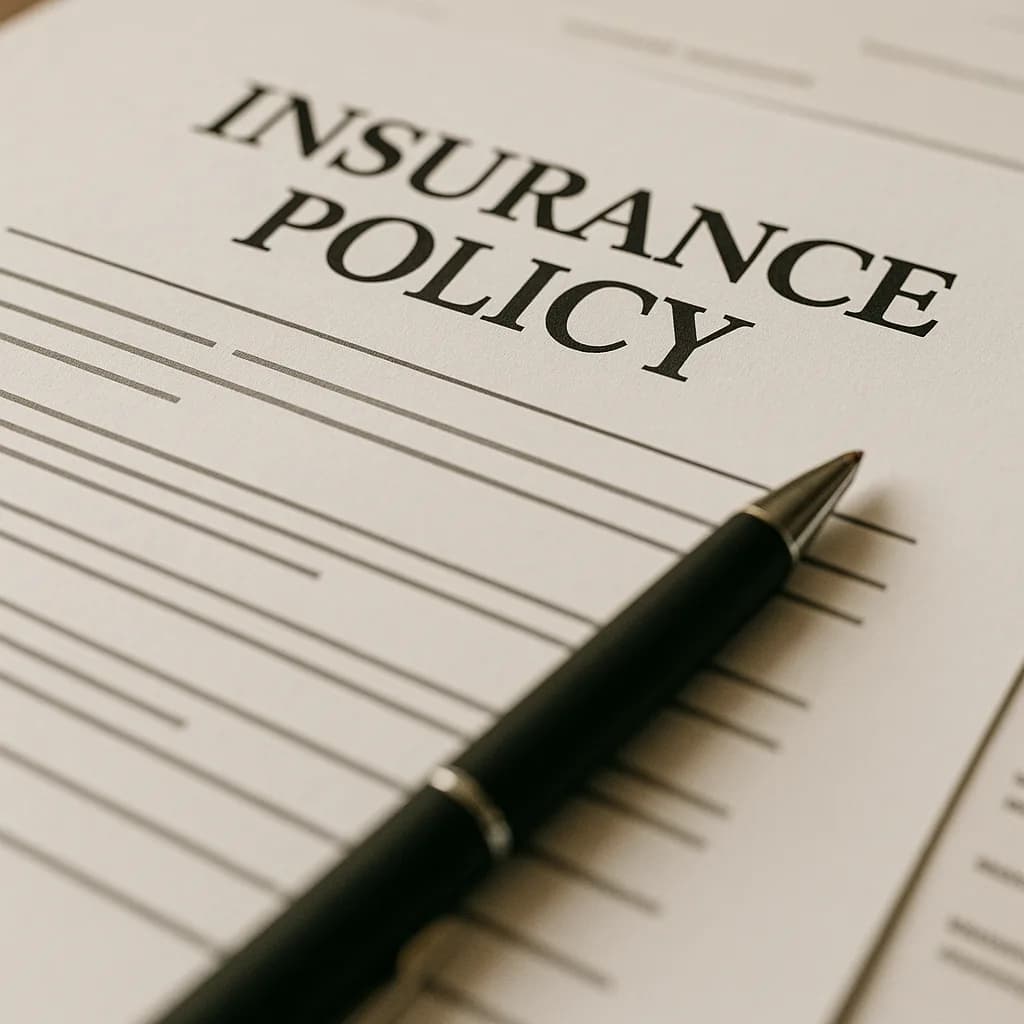 Insurance policy document with blank lines and a black pen resting on top