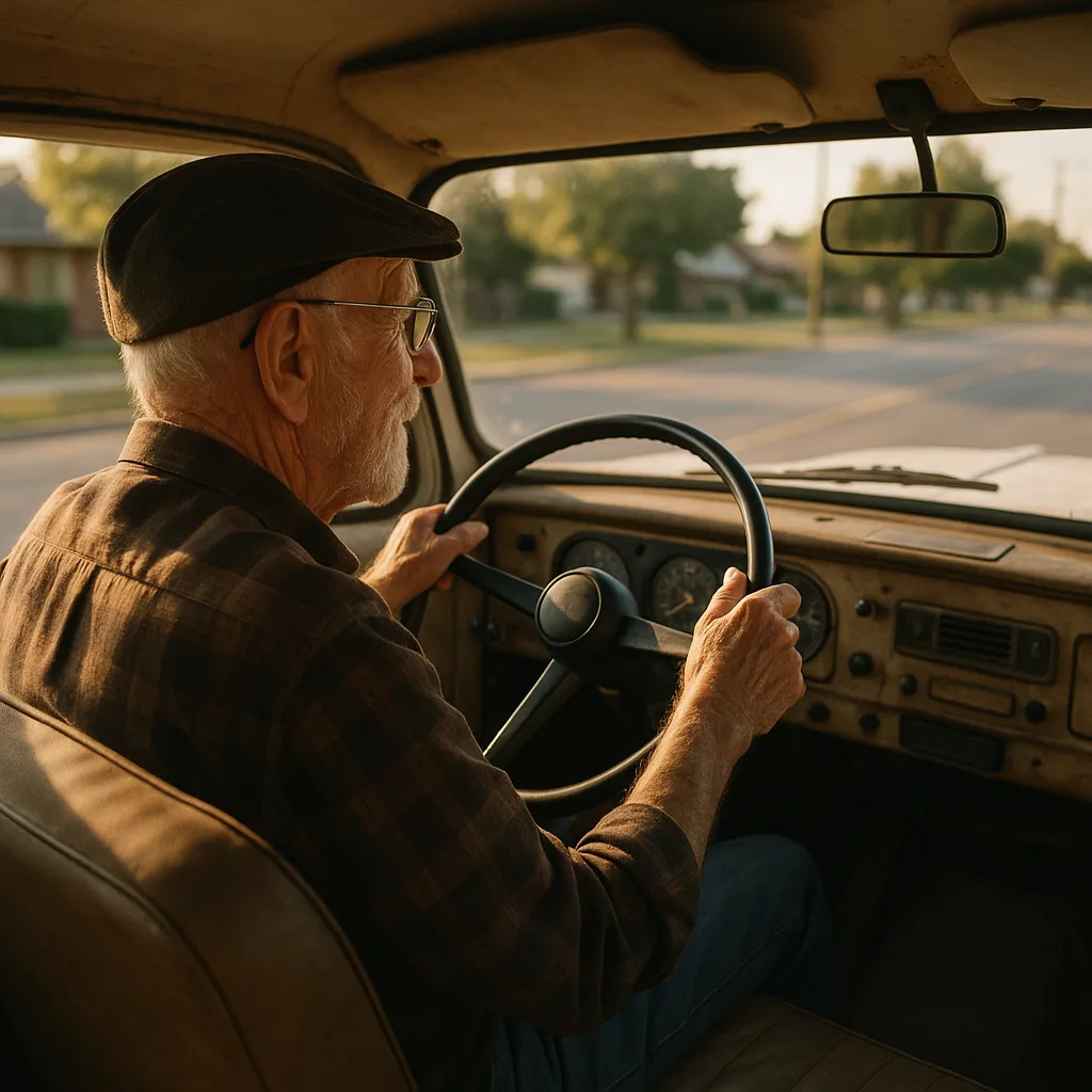 Elderly man in flat cap driving vintage car during golden hour with classic dashboard visible