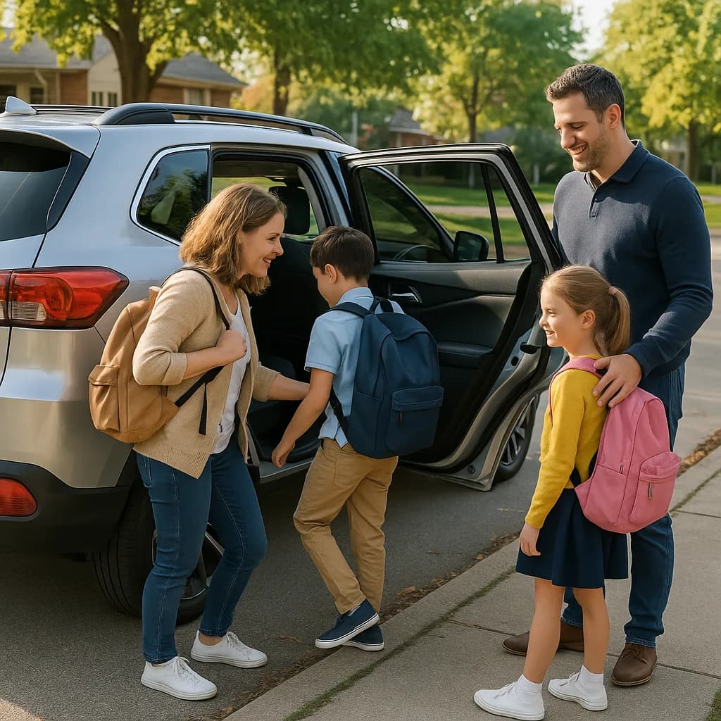 Parents dropping children off at school by car in suburban neighborhood with backpacks