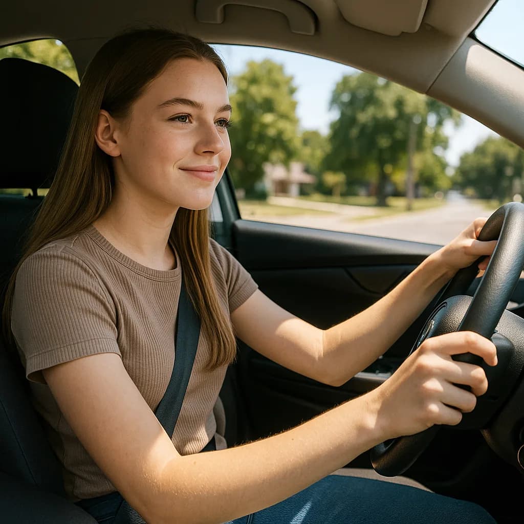 Young woman smiling while driving a car in a residential neighborhood with trees in background