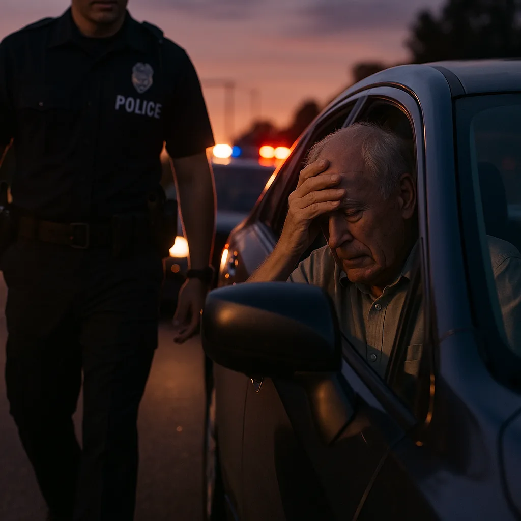 Elderly driver looking distressed during police traffic stop at sunset with officer standing nearby