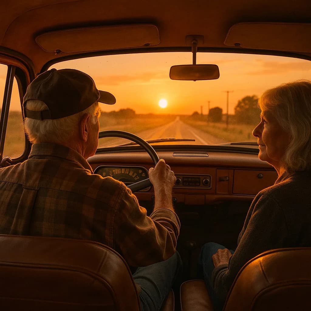 Elderly couple driving vintage car on country road at sunset, viewed from back seat