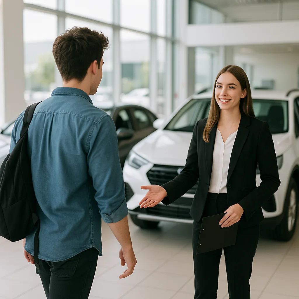 Female car salesperson greeting male customer with handshake in modern dealership showroom