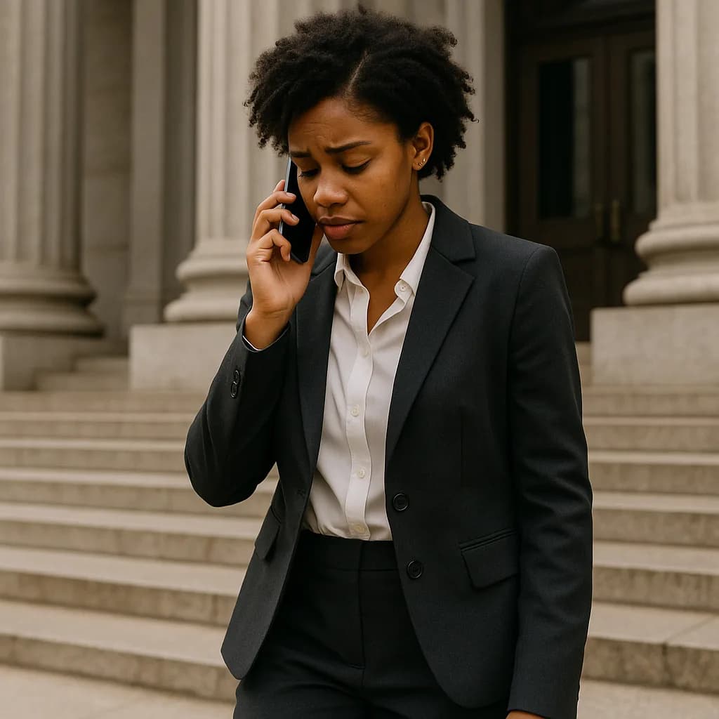 Professional woman in business suit talking on phone outside courthouse or government building with columns