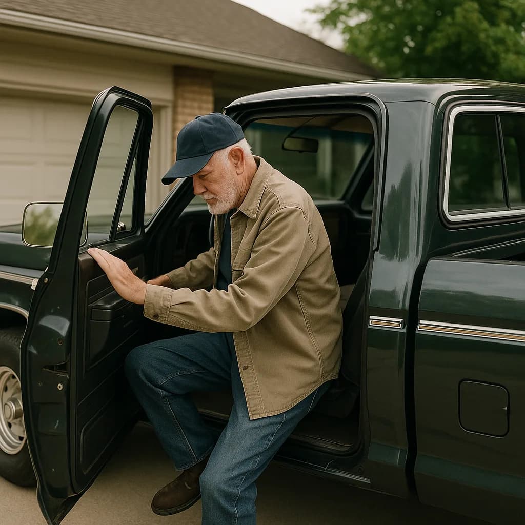 Senior man in cap and tan jacket getting into dark green pickup truck in residential driveway