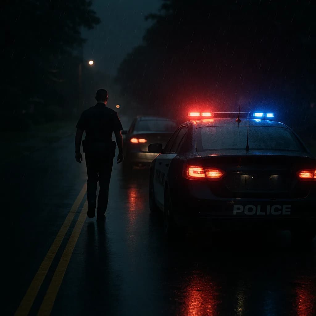 Police officer approaching stopped car on rainy night with emergency lights flashing in fog