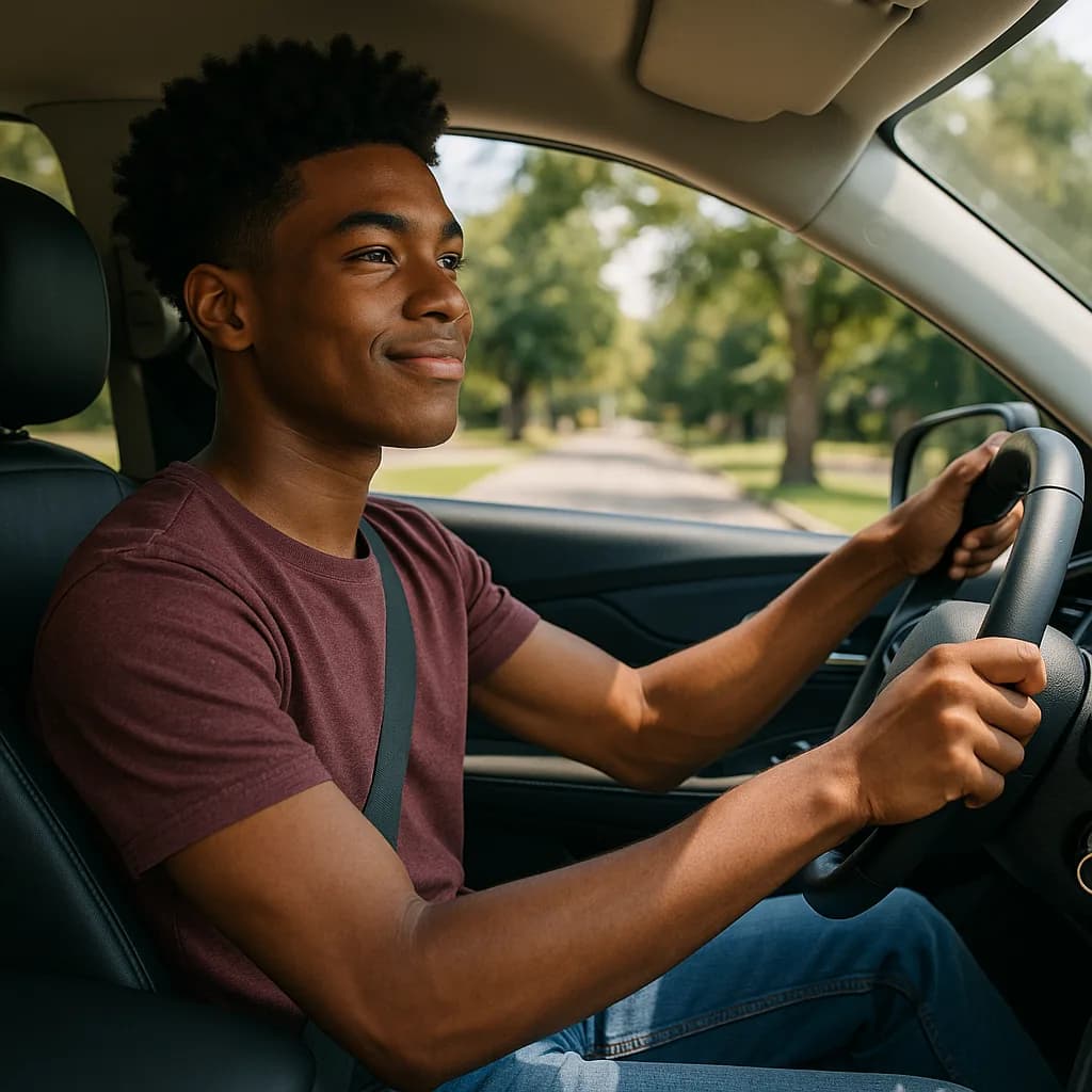 Young man smiling while driving a car on a tree-lined street