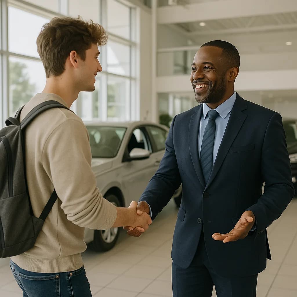 Car salesman in suit shaking hands with young customer in modern dealership showroom