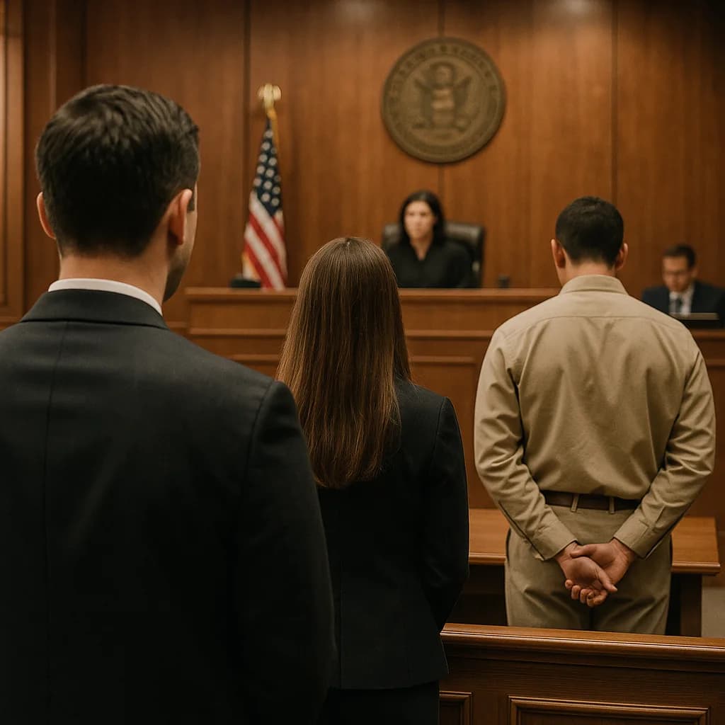 Three people standing before a judge in a formal courtroom with wood paneling and American flag