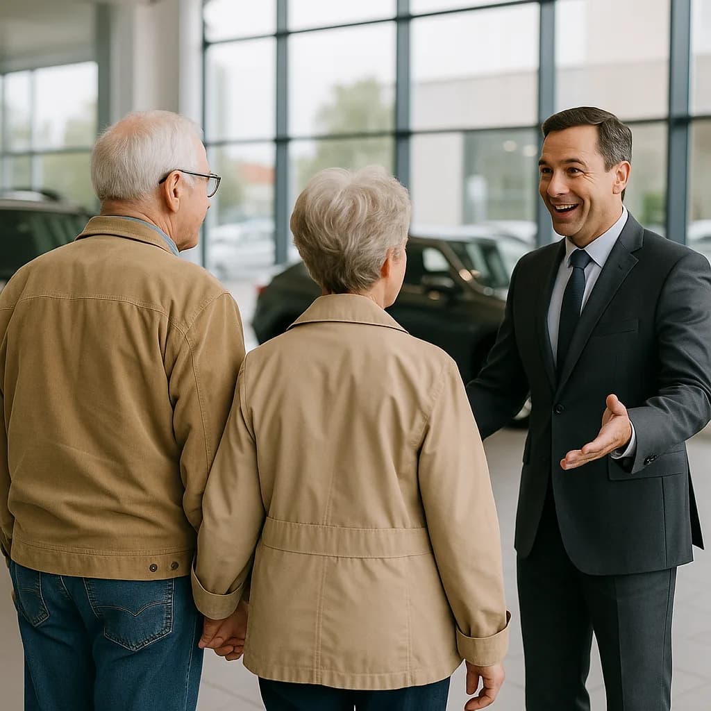 Car salesman in suit greeting elderly couple in dealership showroom