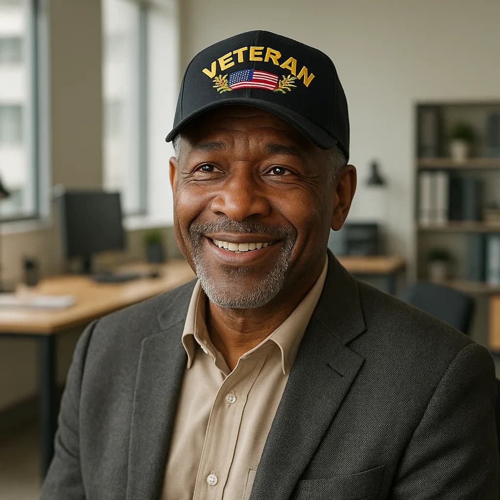 Smiling veteran in black cap and business attire in modern office setting