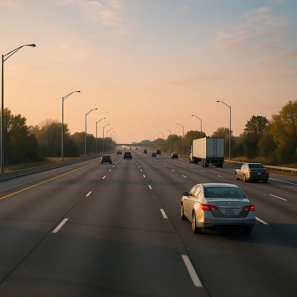 Highway with light traffic at sunset, street lamps line the road, warm golden sky and tree-lined horizon