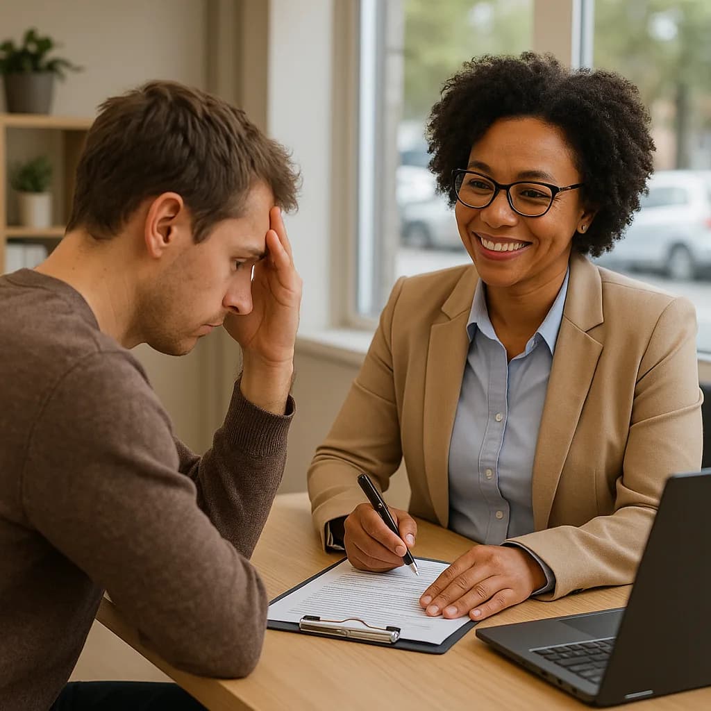 Professional counselor in tan blazer taking notes while meeting with concerned male client in office setting