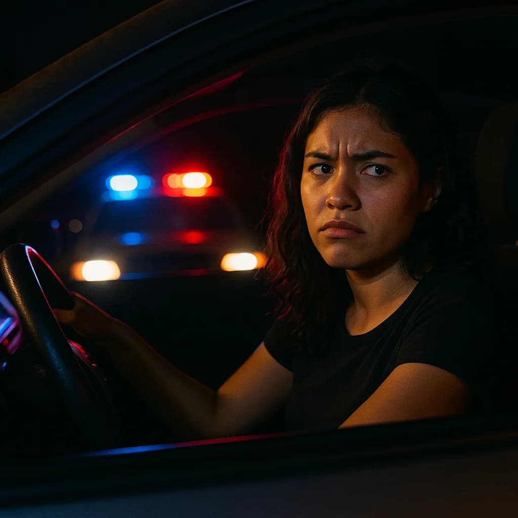 Woman in car at night with police lights visible in background, looking concerned