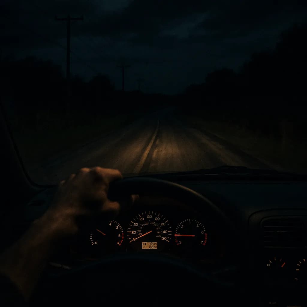 Nighttime driving view from car interior with illuminated dashboard gauges and dark road ahead